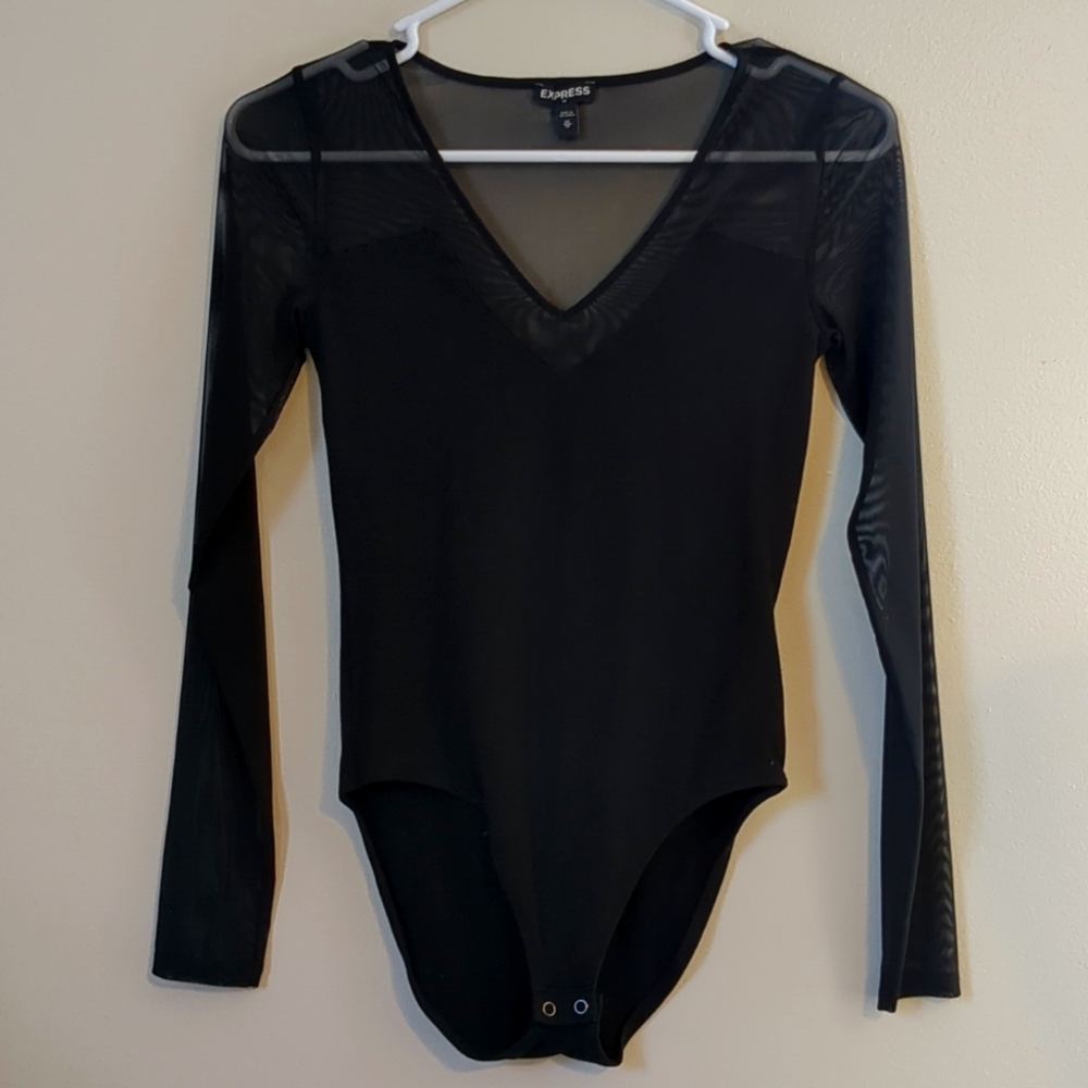 Express Mesh Sleeve V Neck Black Bodysuit XS
